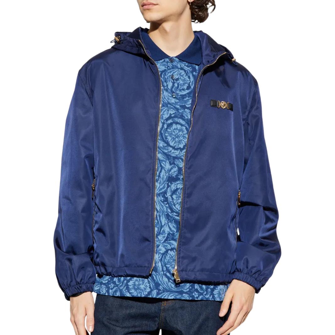 Shop VERSACE SS25  Blue Zip-Up Hooded Bomber Jacket 1020685-1A02928-1UF50