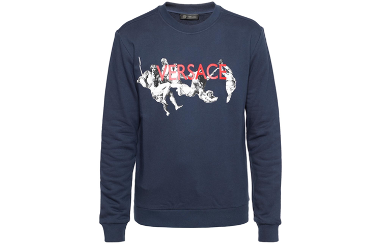 Versace Statue Logo Print Crewneck Sweatshirt Navy Blue A77121-A217878-A145