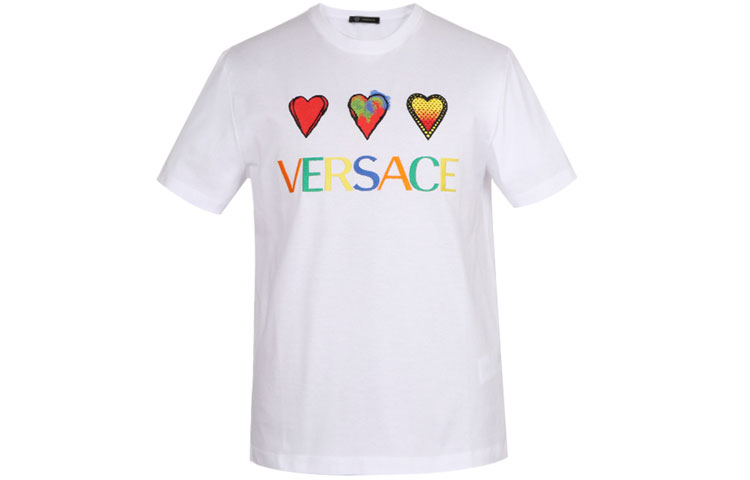 VERSACE Unisex White T-Shirt with Colorful Logo and Heart Print A83585-A224589-A001