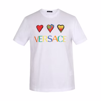 VERSACE Unisex White T-Shirt with Colorful Logo and Heart Print A83585-A224589-A001