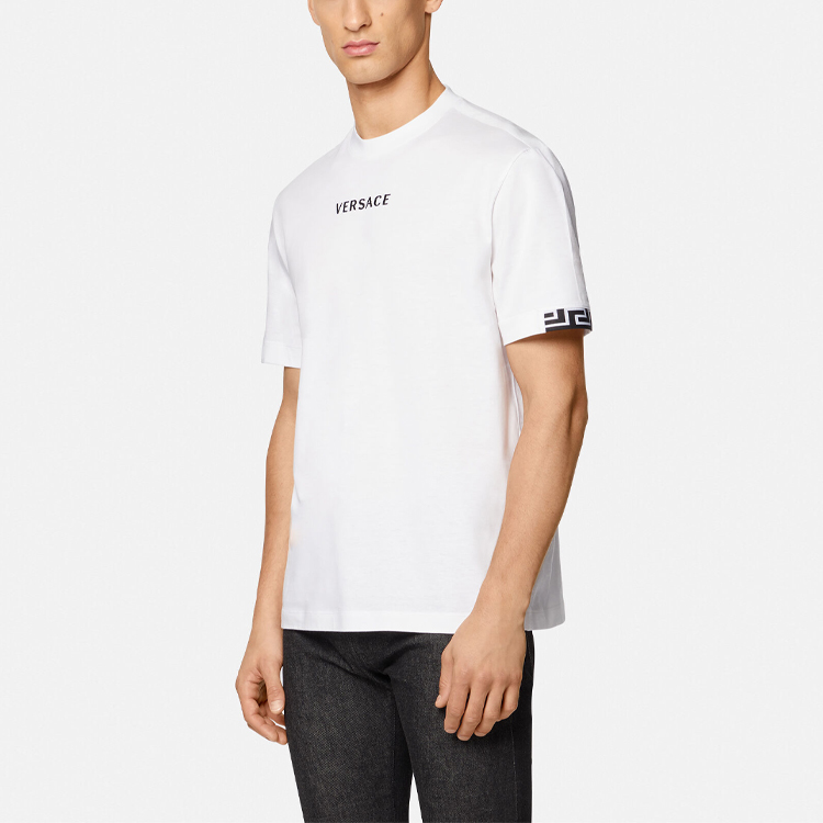 Shop 베르사체 화이트 로고 자수 크루넥 반팔 티셔츠 A88650-A235263-A1001