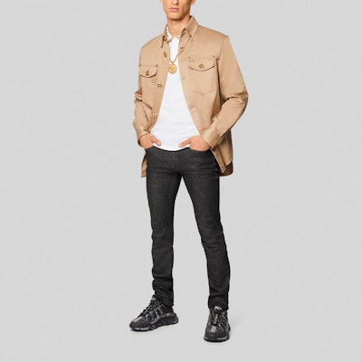 Versace White Letter Print Button-Up Straight Short Sleeve Polo Shirt A87402-A231240-A1001 Lookbook Versace White Letter Print Button-Up Straight Short Sleeve Polo Shirt A87402-A231240-A1001