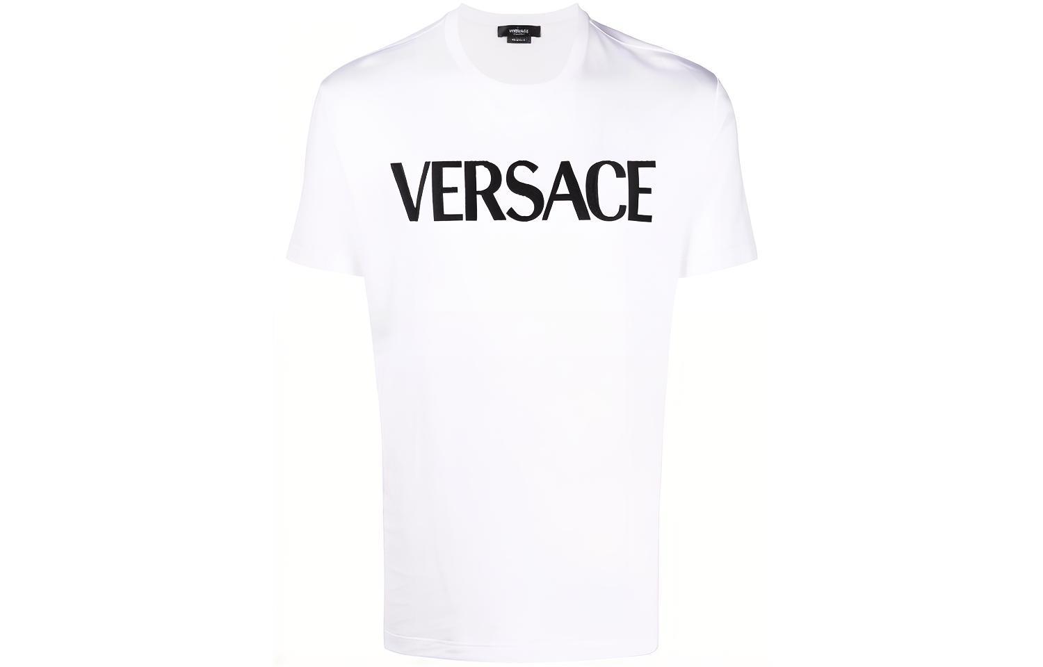 VERSACE White Logo Embroidered Crew Neck Short Sleeve T-Shirt 10012841A00918-1W000