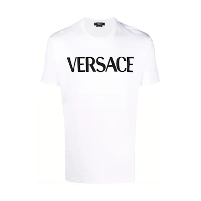 VERSACE White Logo Embroidered Crew Neck Short Sleeve T-Shirt 10012841A00918-1W000