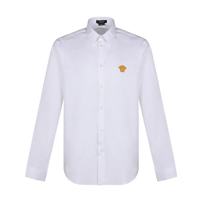 VERSACE White Logo Embroidered Long Sleeve Button-Up Shirt. A89273-A232105-A1001