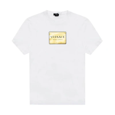 VERSACE White T-Shirt with Gold Logo Print A87387-A228806-A1001