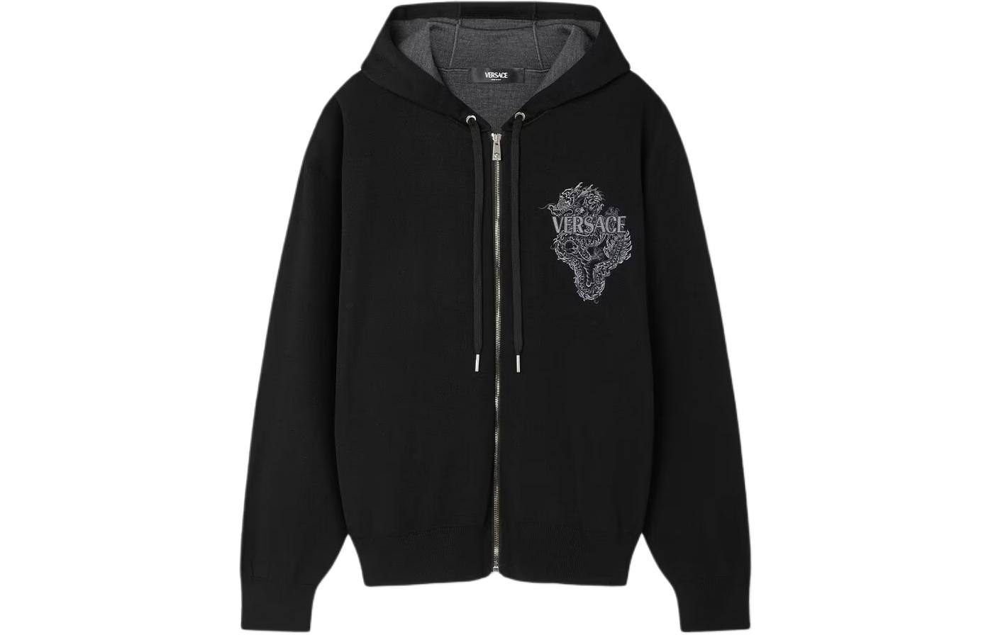 Versace Year Of The Dragon Knit Zip Hoodie Black Letter Print Jacket 1014506-1A10317-1B000