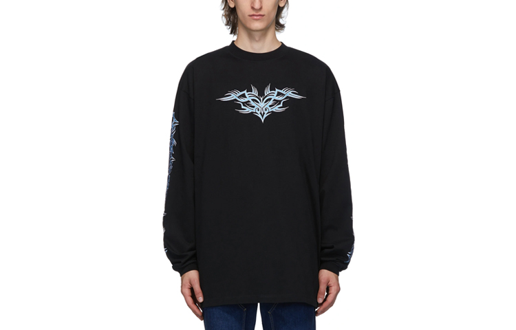 Order Vetements Hitam Baju T Lengan Panjang Kapas Bersulam Crewneck UAH21TR627-BLACK