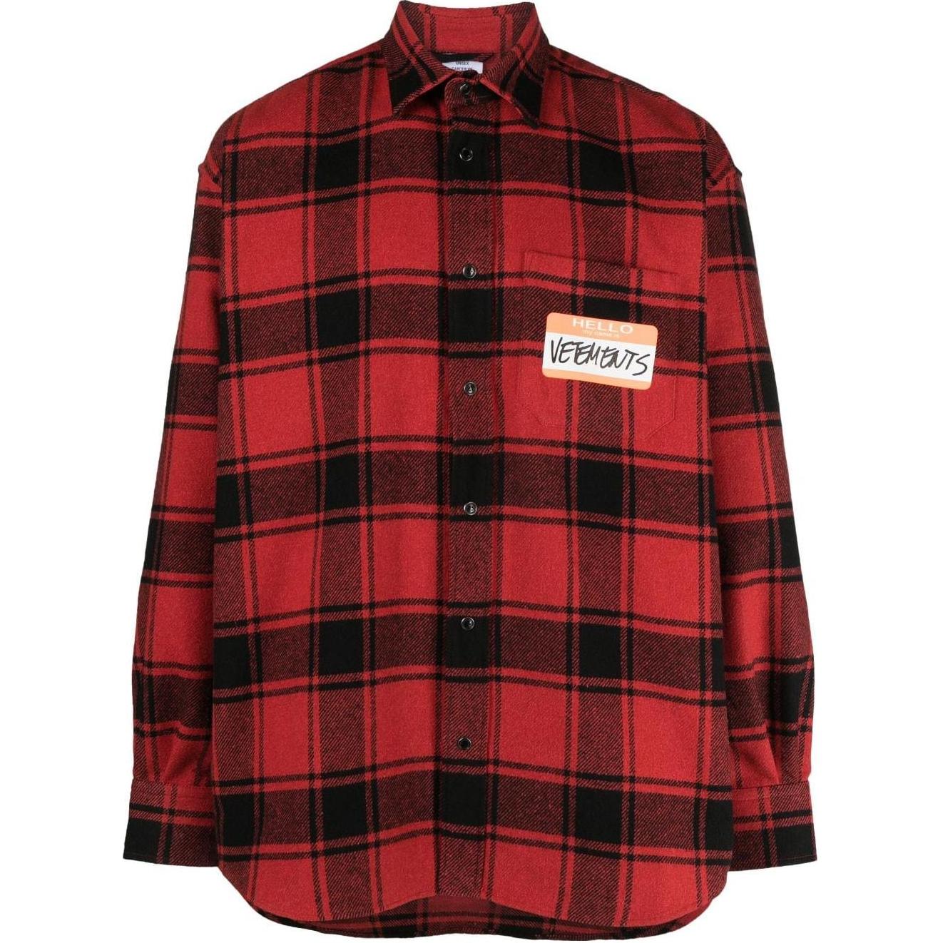 Vetements  Red Plaid Logo Print Long Sleeve Collared Shirt. UE54SH420R-1887-REDCHECK