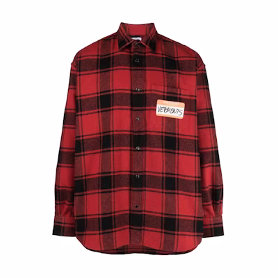 Vetements Red Plaid Logo Print Long Sleeve Collared Shirt. UE54SH420R-1887-REDCHECK