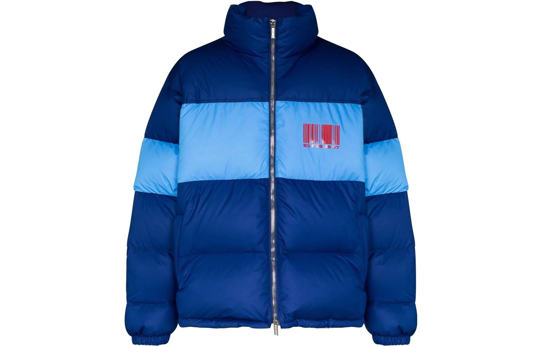 Vetements FW22 Barcode Print Lettering Two-Tone Puffer Jacket Blue Menswear VL12JA300NNAVY
