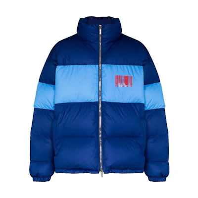 Vetements FW22 Barcode Print Lettering Two-Tone Puffer Jacket Blue Menswear VL12JA300NNAVY