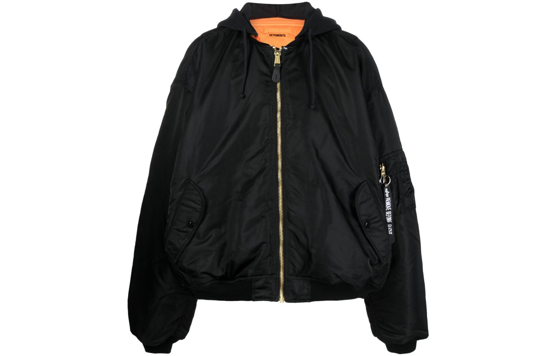 Vetements FW23 Black Zip-Up Front Hooded Bomber Jacket Unisex Plain Design UE54JA360B