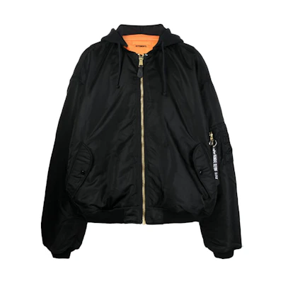 Vetements FW23 Black Zip-Up Front Hooded Bomber Jacket Unisex Plain Design UE54JA360B