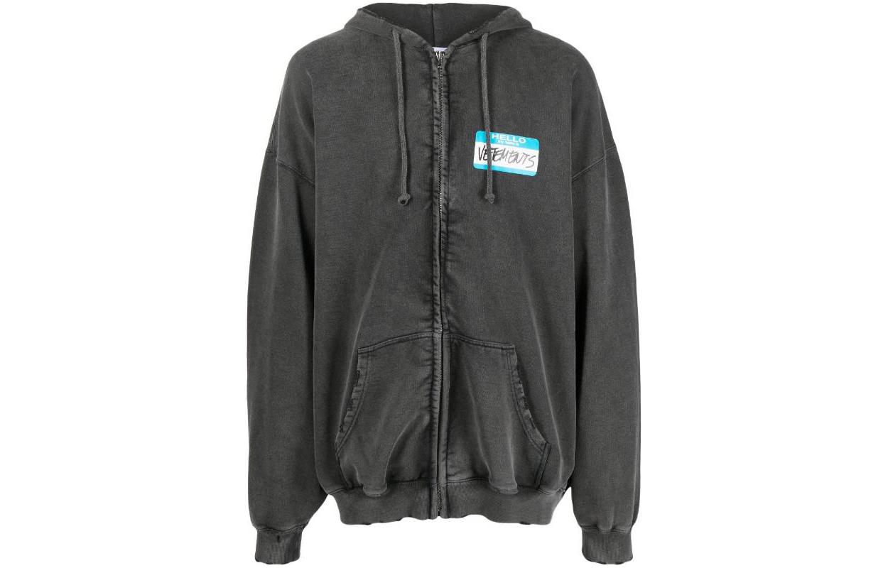 Vetements SS23 Black Solid Logo Patch Zip Hoodie Men UE63HD440B-BLACK