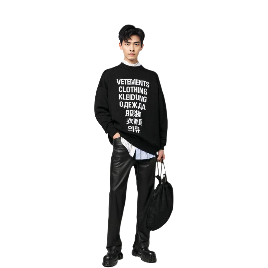 Lookbook ヴェトモン SS23 無地 クルーネック レタープリント セーター ブラック. UE63KN281BBLACK