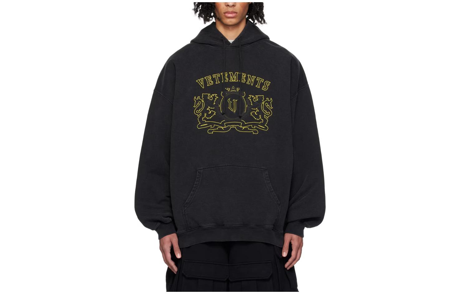 Vetements SS24 Black Oversized Hoodie with Embroidered Logo Men’s Long Sleeve 241669M202014