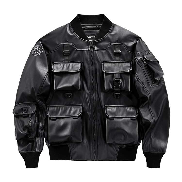 VIP Streetwear Cyberpunk Multi-pocket Logo Baseball Jacket Unisex Black V21CJK049