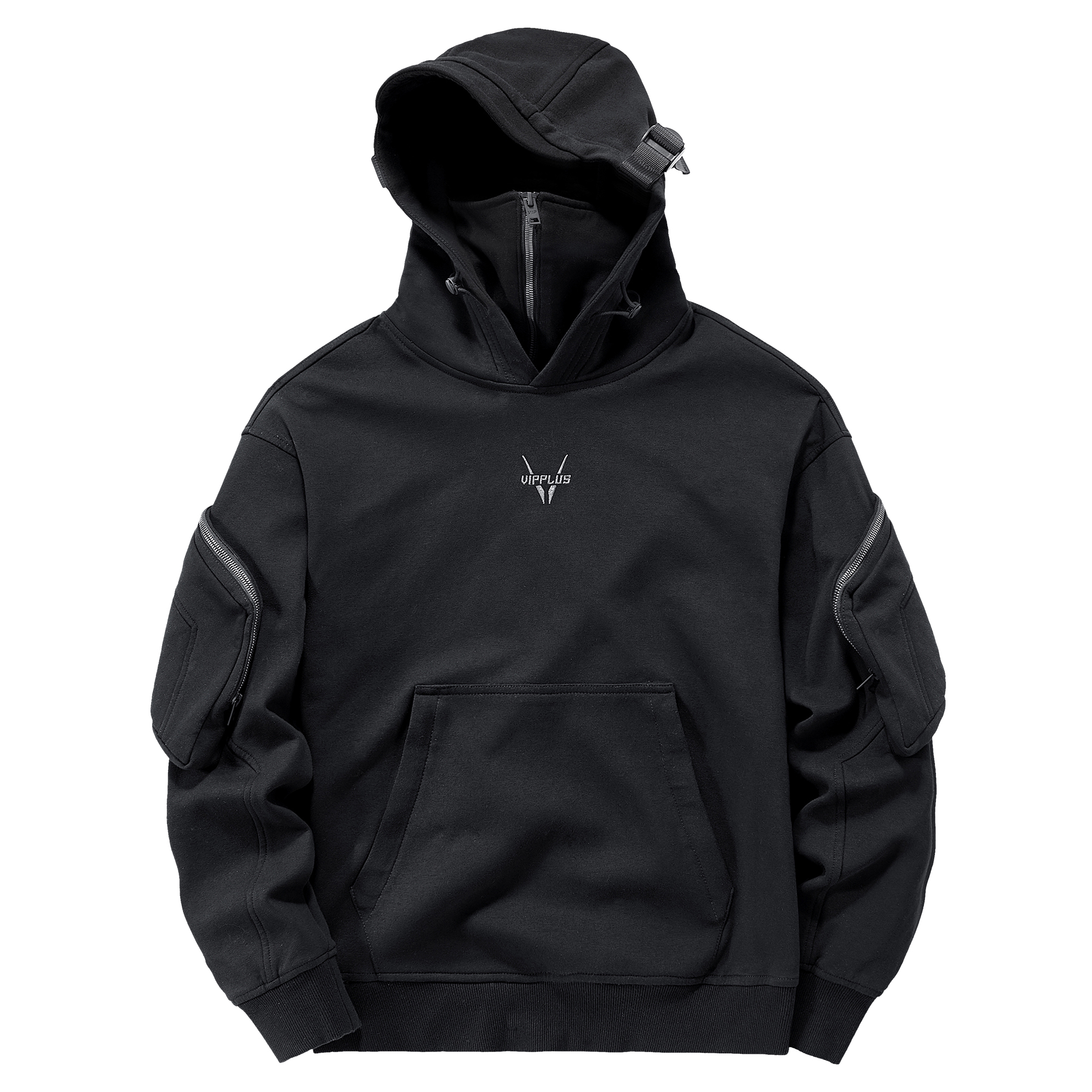 VIP Streetwear Tech Ninja Pullover Hoodie Black - Loose Fit Multi-Pocket VZ222083