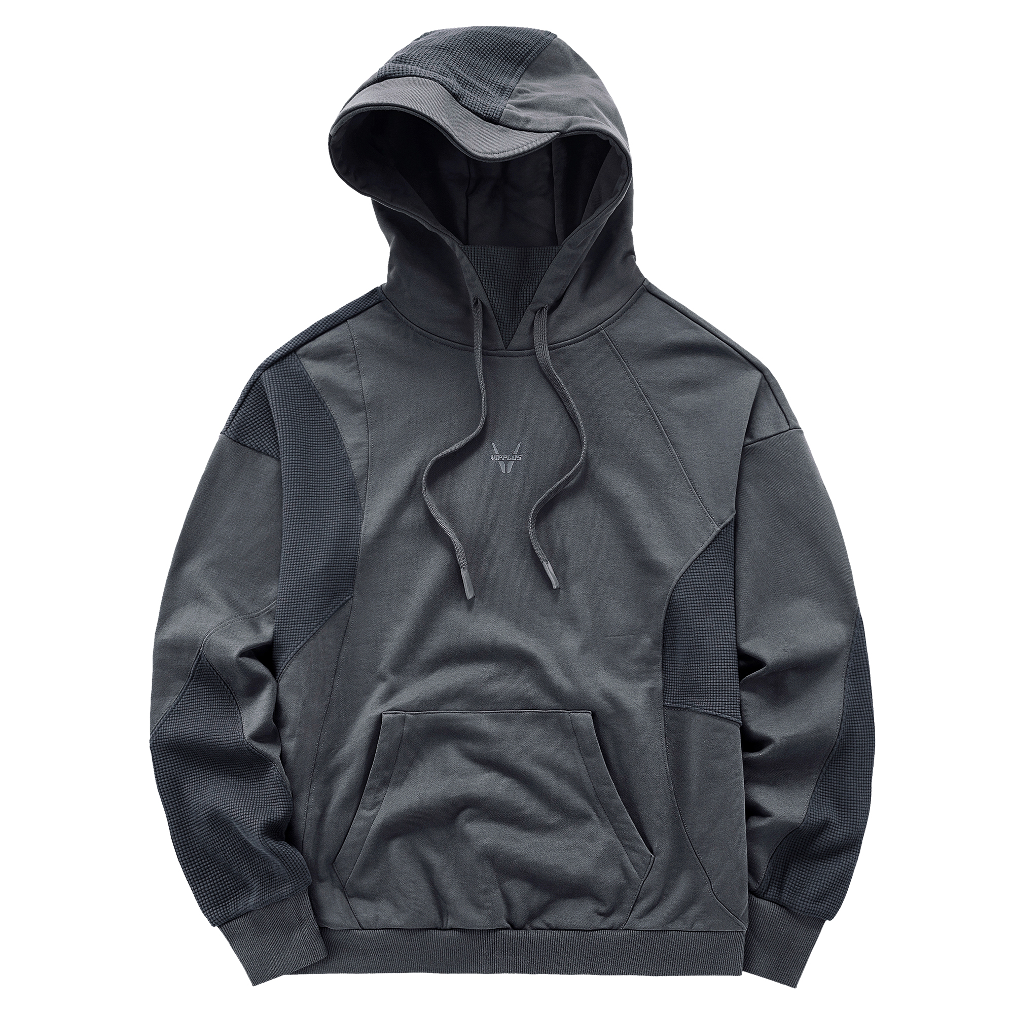 VIP Streetwear Tech Series Waffle Patchwork Loose Hoodie Unisex Dark Gray VP32383