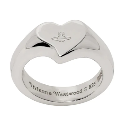 Vivienne Westwood 925 Silver Heart Saturn Stamp Ring Unisex Couple Design 64040061W004W004