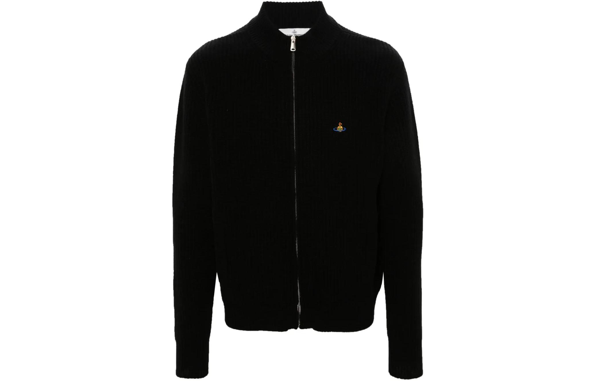 Order 비비안 웨스트우드 블랙 브이넥 지퍼 니트 스웨터 로고 자수 27010016-Y0018-N401