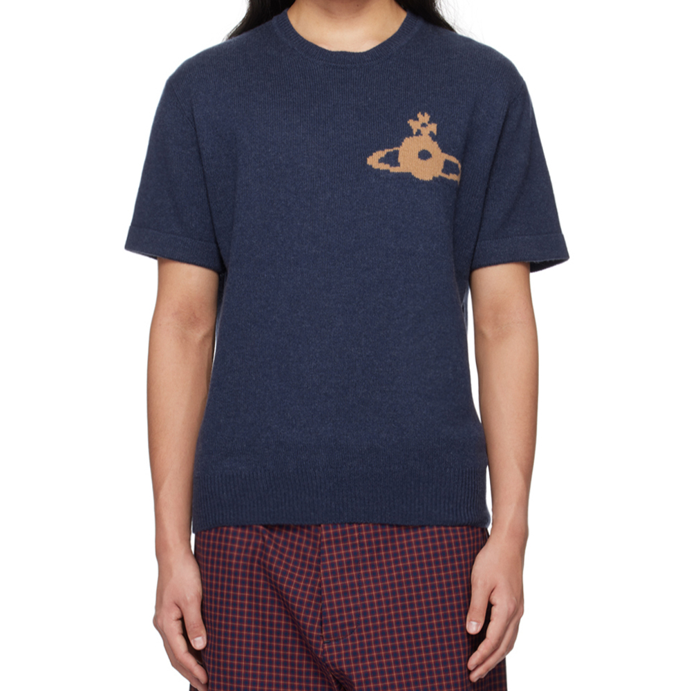 Lookbook ヴィヴィアンウエストウッド ブルークルーネックロゴグラフィック半袖ニットセーター 27010013-Y0018-K409