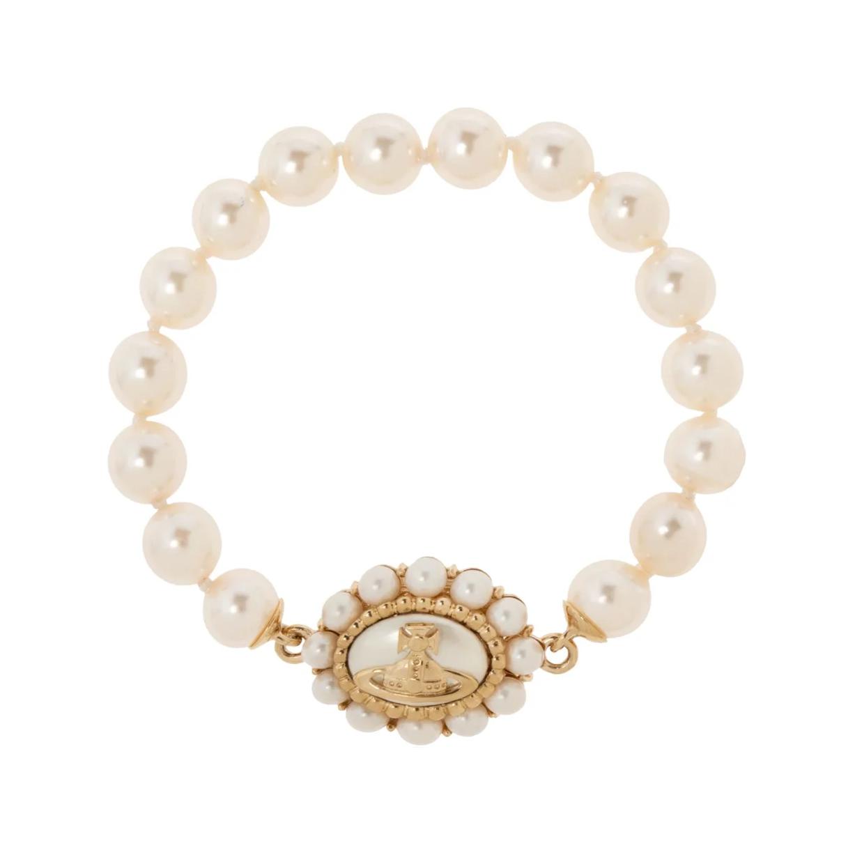 Vivienne Westwood Amaya Brass Baroque Pearl Saturn Logo Bracelet Unisex Gold. 6103008902R107R107