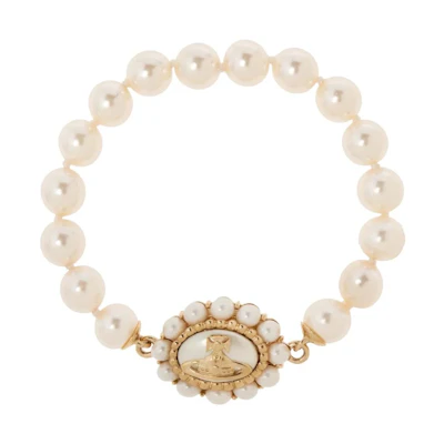 Vivienne Westwood Amaya Brass Baroque Pearl Saturn Logo Bracelet Unisex Gold. 6103008902R107R107