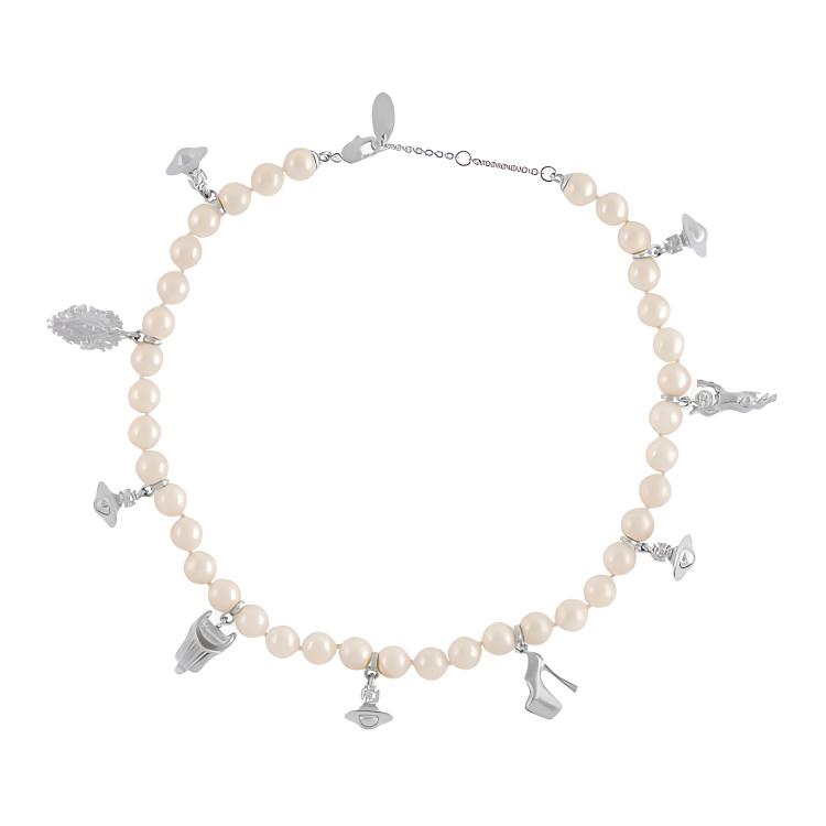 Vivienne Westwood Anglo Pearl Saturn Pendant Glass Pearl Necklace Silver Unisex 8050889923763