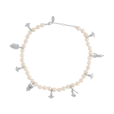 Vivienne Westwood Anglo Pearl Saturn Pendant Glass Pearl Necklace Silver Unisex 8050889923763