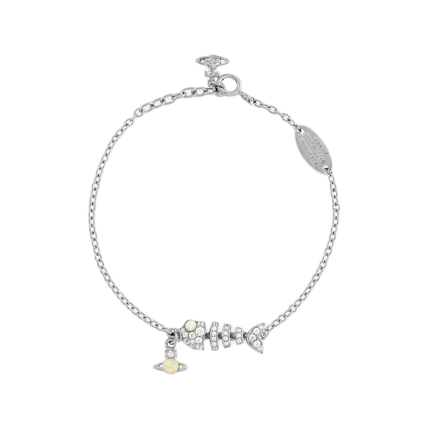 Vivienne Westwood AW24 Lyall Saturn Pendant Fishbone Bracelet Silver Unisex Couple. 8050889776734