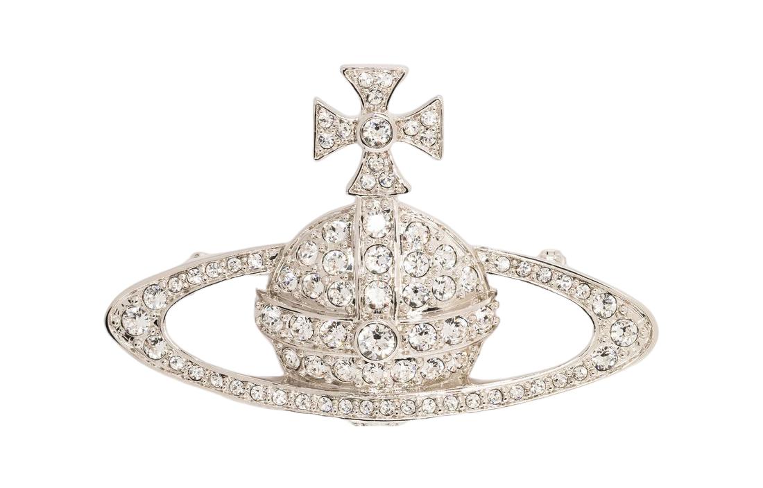 Vivienne Westwood Crystal Brooch Saturn Design Brass Unisex Pin Silver. 6501000602P116