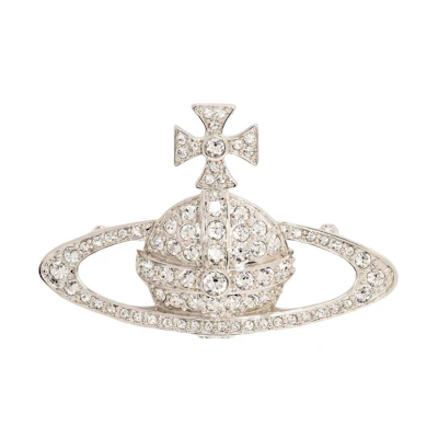Vivienne Westwood Crystal Brooch Saturn Design Brass Unisex Pin Silver. 6501000602P116