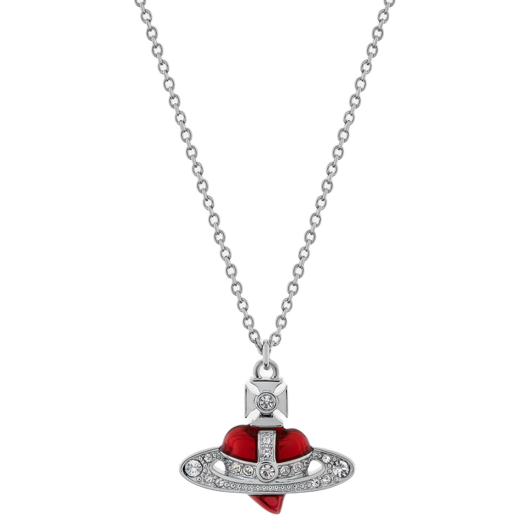 Vivienne Westwood Diamante Heart Saturn Pendant Necklace Silver Red Unisex. 630203BM-02P383-CN