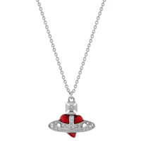 Vivienne Westwood Diamante Heart Saturn Pendant Necklace Silver Red Unisex. 630203BM-02P383-CN Vivienne Westwood Diamante Heart Saturn Pendant Necklace Silver Red Unisex. 630203BM-02P383-CN