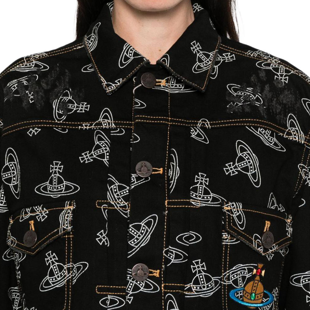 Details for Chaqueta Negra de Mezclilla Vivienne Westwood FW24 con Logo Jacquard y Solapa. 19010018W00XNN301