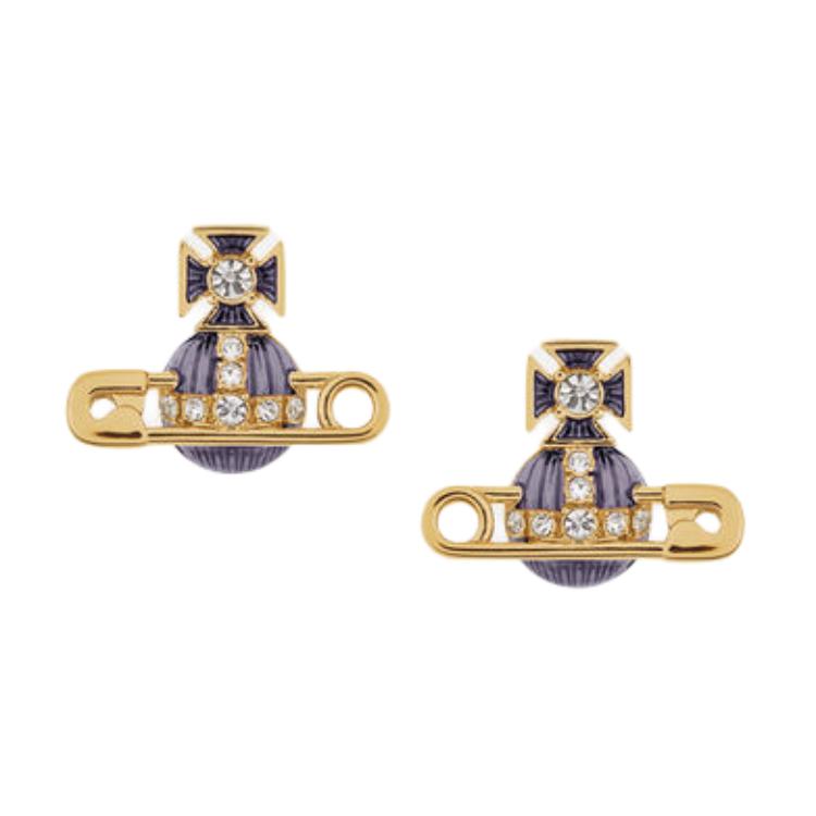 Vivienne Westwood Kitty AW24 Saturn Pin Baroque Brass Enamel Earrings Gold Purple 6201033P-02R768