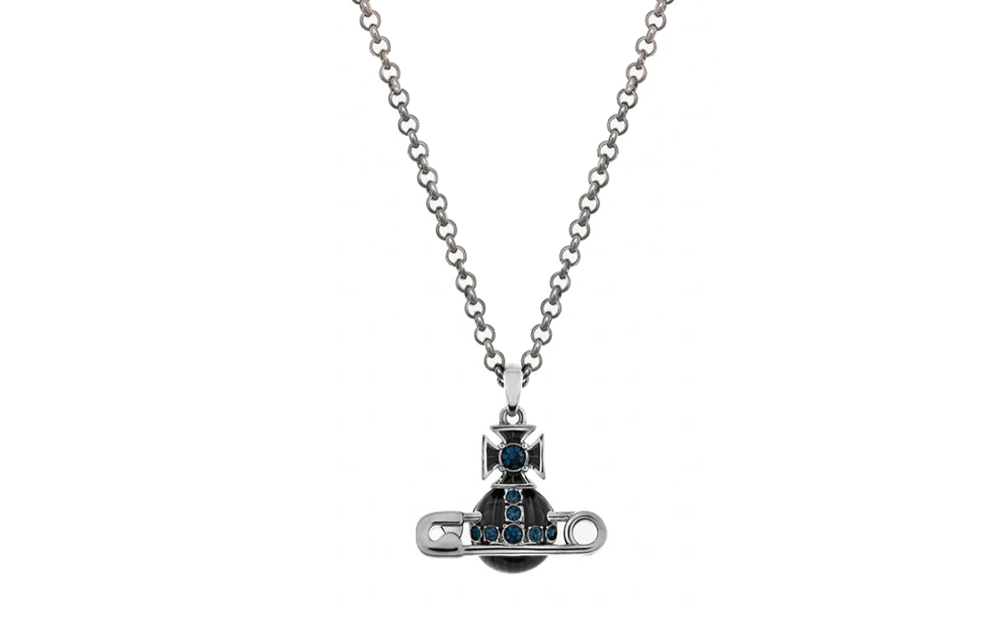 Vivienne Westwood Kitty Saturn Enamel Pin Crystal Necklace Gunmetal Grey. 630203BT02S323S323