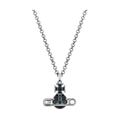 Vivienne Westwood Kitty Saturn Enamel Pin Crystal Necklace Gunmetal Grey. 630203BT02S323S323