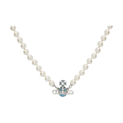 Vivienne Westwood Kitty Saturn Pendant Necklace Unisex Blue Brass Couple Style 6301011O-02P378-CN