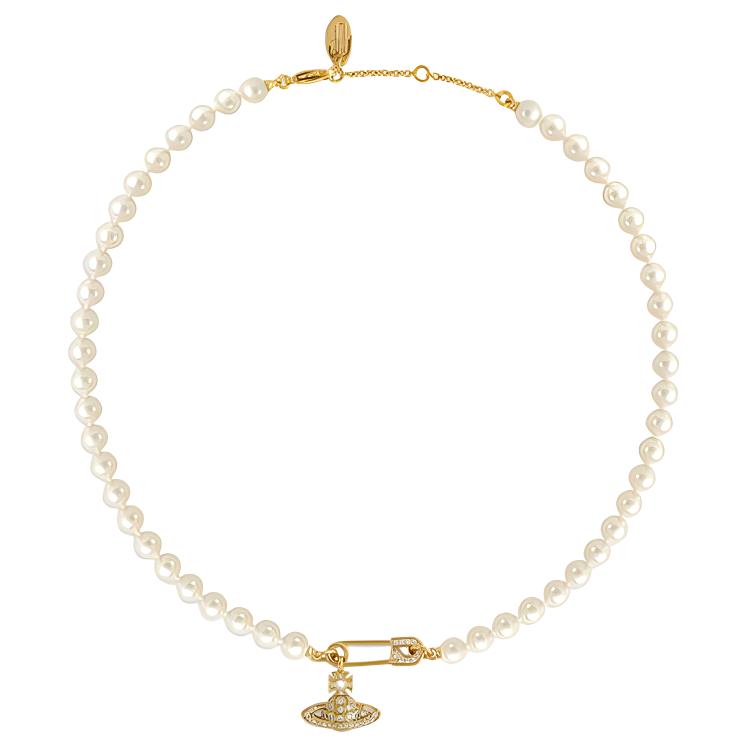 Vivienne Westwood Lucrece Brass Saturn Pendant Safety Pin Necklace Gold Unisex 63030006-02P131