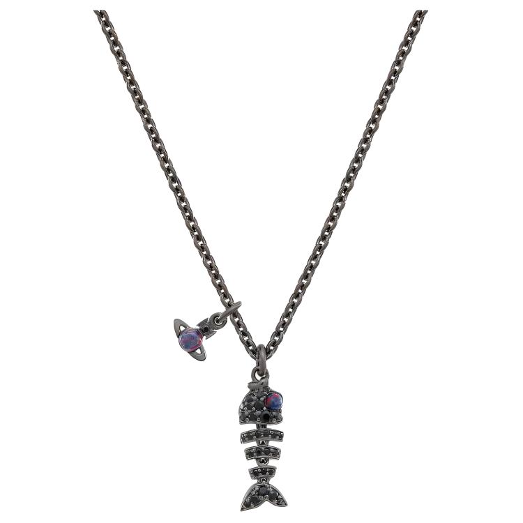Vivienne Westwood Lyall Saturn Pendant Fishbone Necklace  Gunmetal Silver 8050889776611