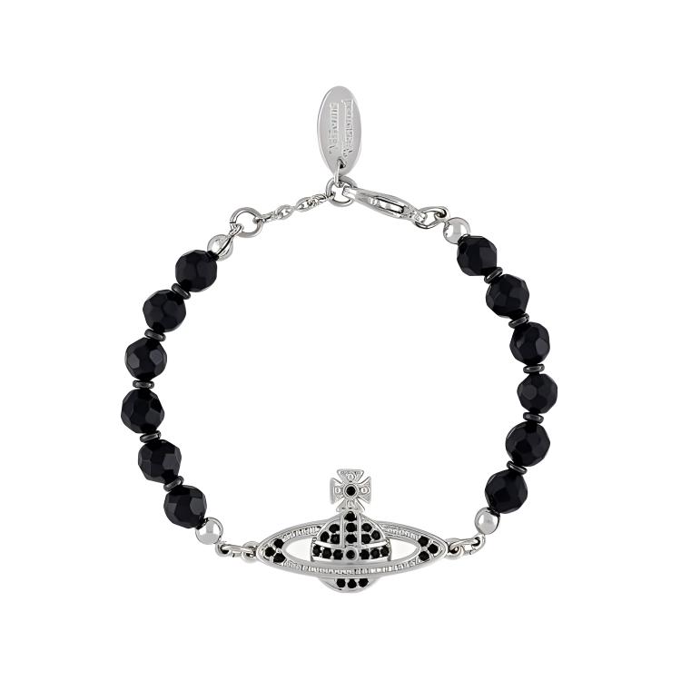 Vivienne Westwood Messaline Saturn Crystal Black Onyx Beaded Bracelet Black/Silver. 6103007502P178P178