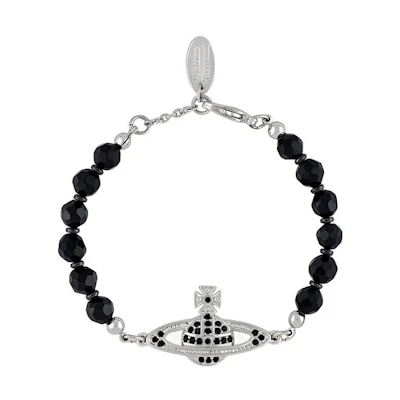 Vivienne Westwood Messaline Saturn Crystal Black Onyx Beaded Bracelet Black/Silver. 6103007502P178P178
