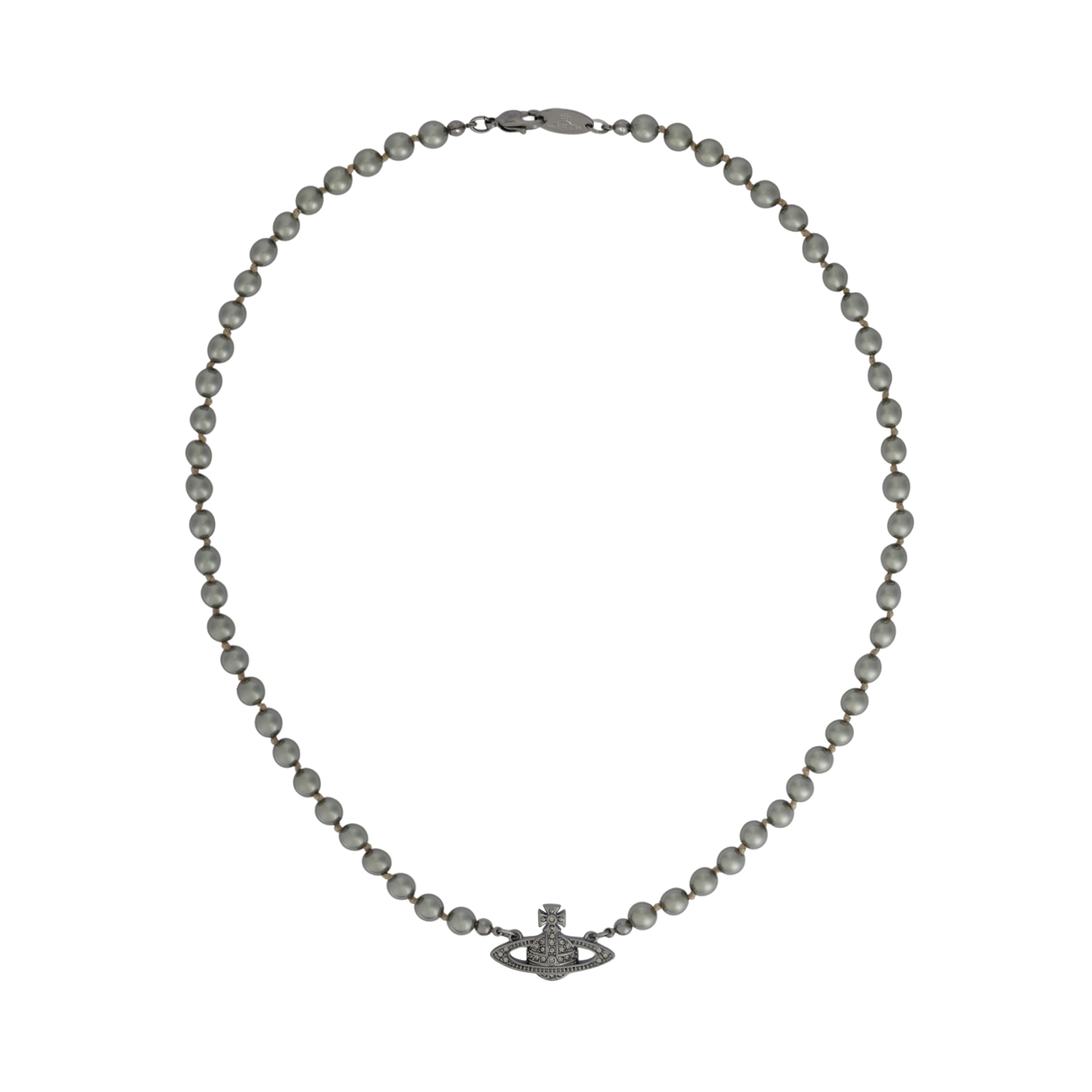 Vivienne Westwood Mini Bas Relief Saturn Logo Pearl Necklace Gunmetal Grey. 63010100025299S299