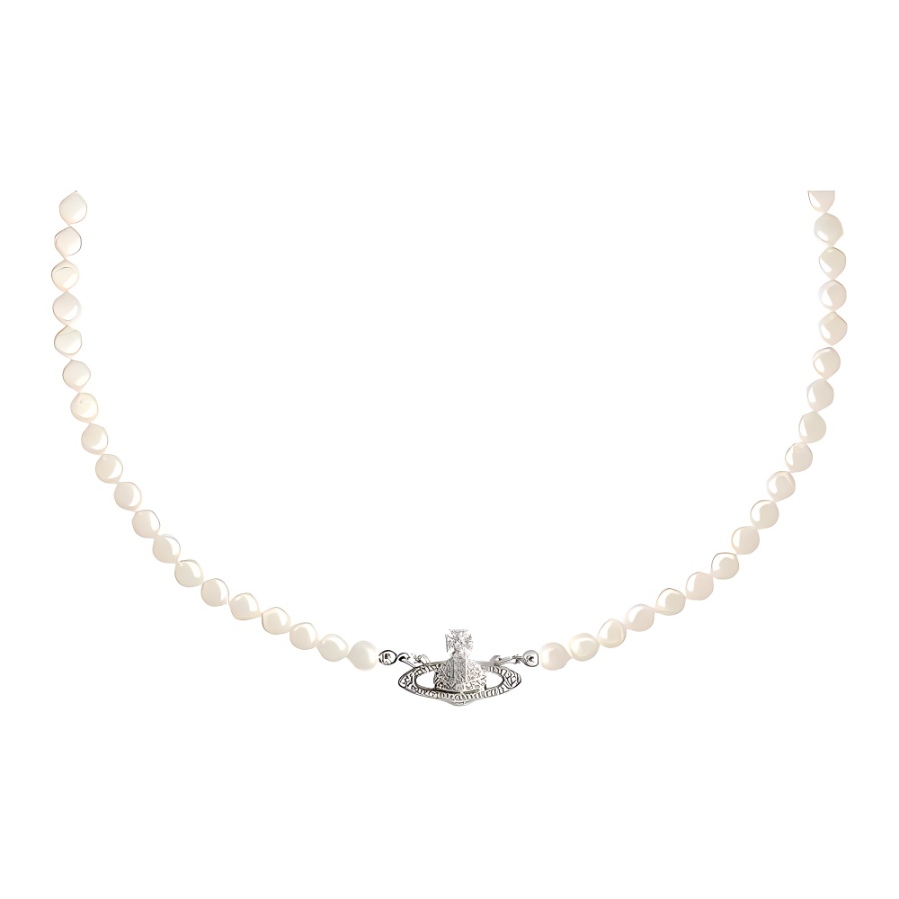 Vivienne Westwood Mini Bas Relief Saturn Pendant Pearl Necklace 51CM Silver. 6301010002P104P104