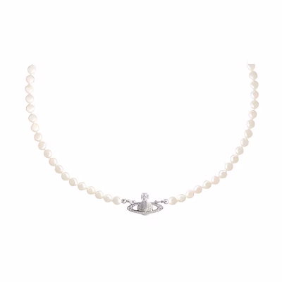 Vivienne Westwood Mini Bas Relief Saturn Pendant Pearl Necklace 51CM Silver. 6301010002P104P104