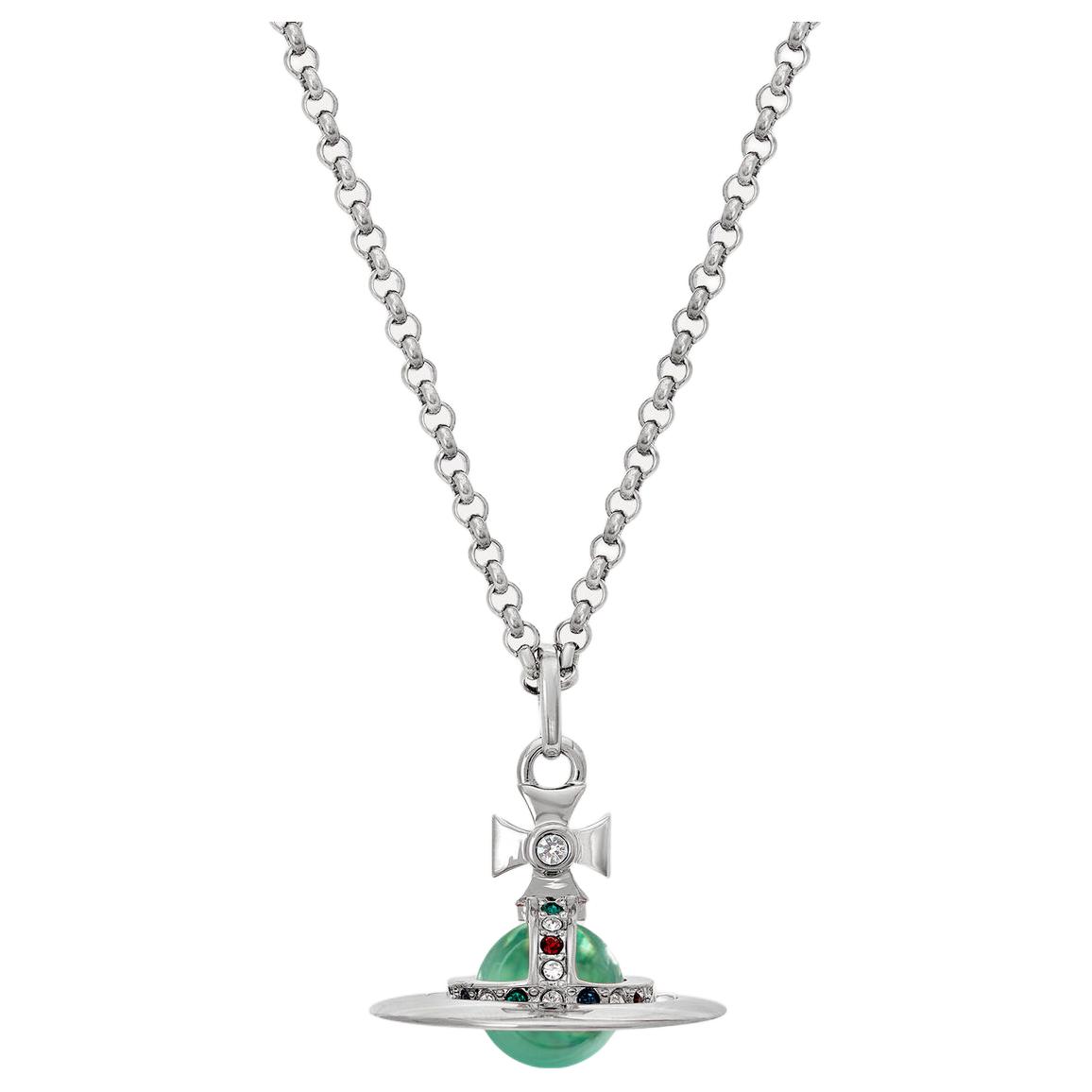Vivienne Westwood New Tiny Orb Necklace Unisex Couples Green & Silver. 63020224020181-CN001