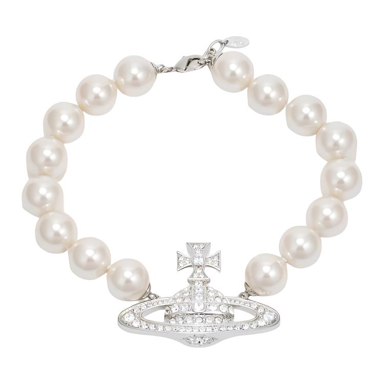 Vivienne Westwood Neysa Pearl Choker Logo Saturn Pendant Necklace - Silver Unisex 6301011002P226P226